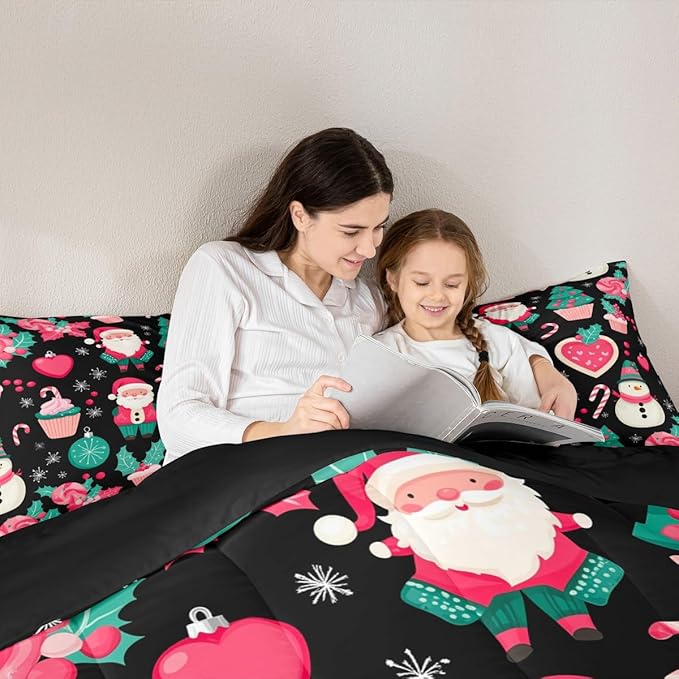 Feelyou Christmas Decor Comforter Set Queen Size Pink Santa Claus Bedding Set for Kids Boys Girls New Year Gift Duvet Quilt Snowman Bedroom Decor Microfiber 3 Pcs with 2 Pillow Cases
