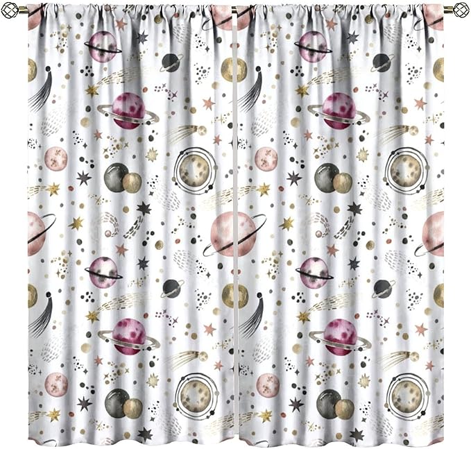 Kids Outer Space Curtains, Cartoon Galaxy Planet Universe Starry Starts Printed Window Drapes for Boys Girls Teens Bedroom Nursery 42" W X 45" L