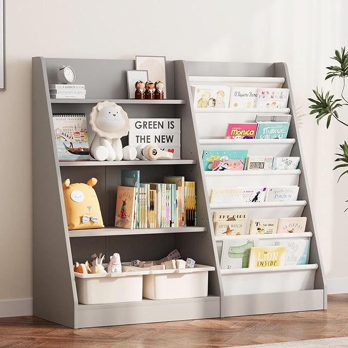 NACHES 4 Tier Kid Bookshelf Wooden 6 Sling Children Bookcase Toddler Montessori Bookcase Book Rack Display Toy Storage Organizer Book Display Shelf Stand Classroom Bedroom Nursery Playroom(Grey)