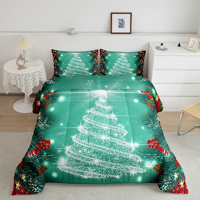Feelyou Merry Christmas Comforter Set, Kids Santa Tree Glitter Bedding Comforter Twin Size for Boys Girls Xmas Christmas Bell Decor,1 Comforter + 1 Pillow Case Boys
