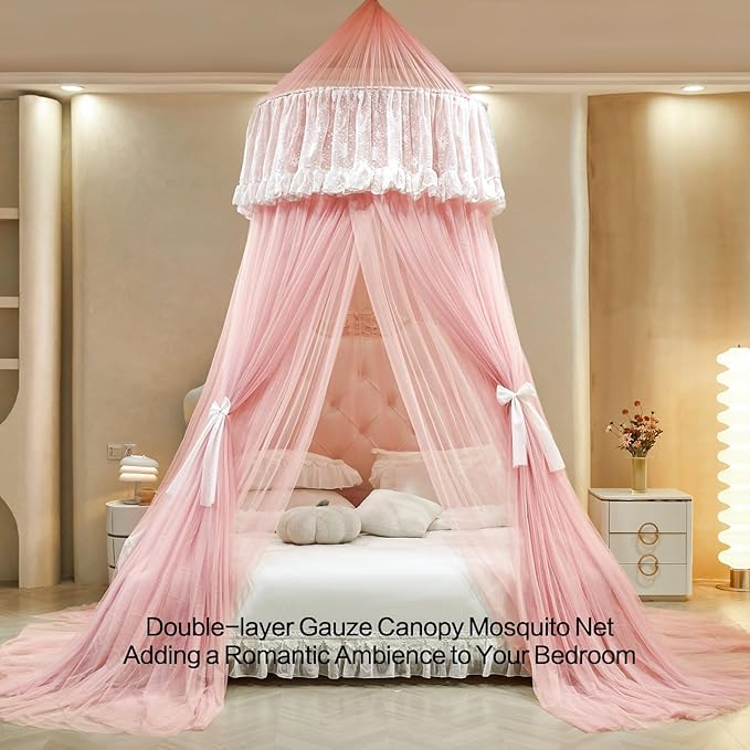 AIKASY Princess Bed Canopy for Girls – Double Layer Sheer Mesh Dome with Romantic Lace Trim, Dreamy Mosquito Net Tent for Twin/Full/Queen/King Beds(Coral)