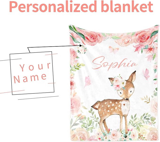 Custom Deer Blanket with Name for Girl, Personalized Name Blanket for Kids, Soft Flannel Deer Toddler Blanket Customized Gift for Birthday Christmas Children Day 40x50inch