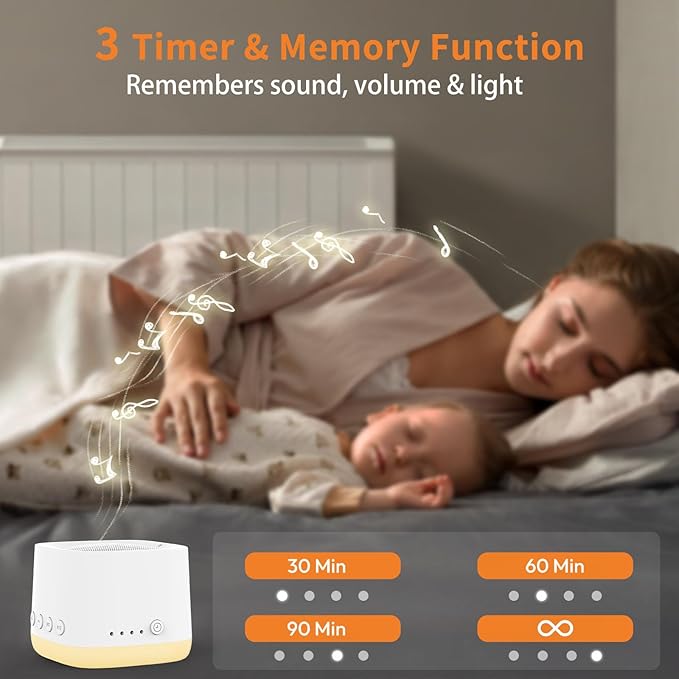 Portable Mini White Noise Sound Machine with Amber Breathing Night Light, 16 Soothing Sounds, 30-Hour Rechargeable Battery, Timer & Memory for Baby & Adult Sleep, Travel, Office Privacy