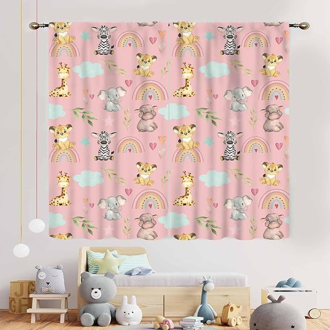 Kids Safari Animals Curtains, Cartoon Giraffe Elephant Monkey Woodland Jungle Pink Window Drapery Treatments for Boys Girls Baby Living Room Bedroom Nursery Classroom 2 Panels, 63"x72" Inch