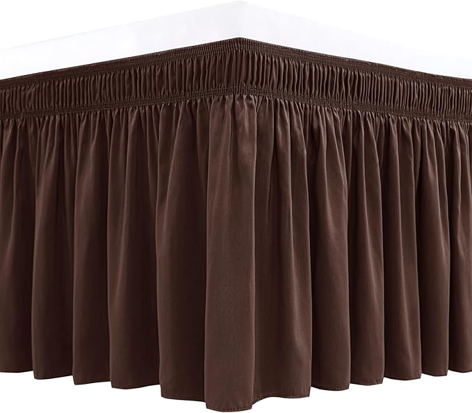 Biscaynebay Wrap Around Bed Skirts for Queen Beds with Short Drop of 12", Brown Adjustable Elastic Dust Ruffles Easy Fit Wrinkle Resistant Silky Luxurious Fabric Machine Washable