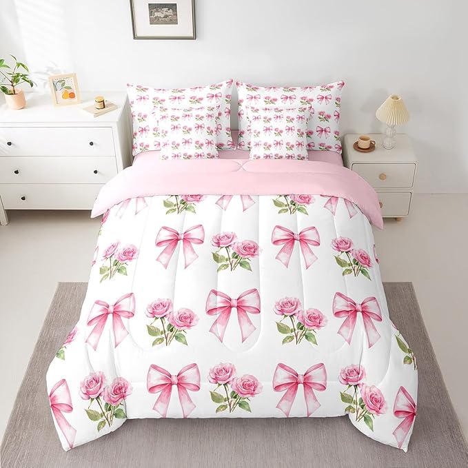 7 Pieces Pink Bowknot Kids Comforter Queen,Rose Flowers Valentine's Day Romantic Bedding Set,Pink Bow Tie Knot Princess Dreamy（Comforter+Fitted+Flat Sheet+2 Pillowcases+2 Throw Pillow Covers）