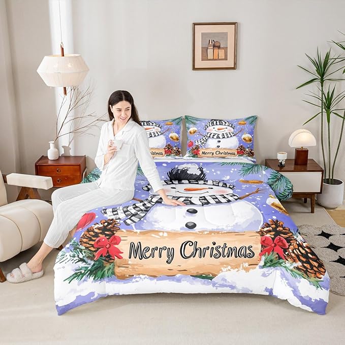 Feelyou Merry Christmas Comforter Set All Season Cute Snowman Bedding Set with 2 Pillow Cases Snowflake Microfiber Kids King Bedclothes Winter Bedroom Decor Duvet Quilt Breathable Soft Lightweight
