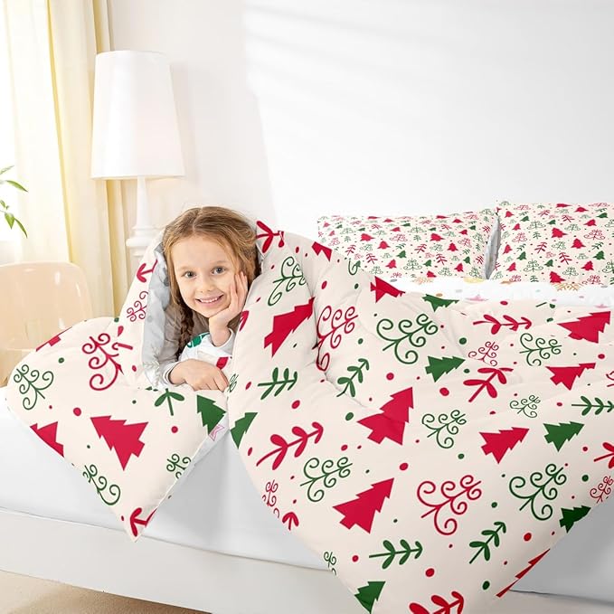 Castle Fairy Christmas Trees Comforter Set King Size,Red Green Pine Plant Hand Sketch Bedding Set All Season Quilt Set,Winter Xmas Natural Botanical Microfiber Polyester Down Comforter