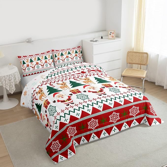 Feelyou Merry Christmas Comforter Set King Size Santa Claus Bedding Set for Kids Boys Girls Cute Deer Duvet Quilt Snowflake Bedroom Decor Microfiber 3 Pcs with 2 Pillow Cases