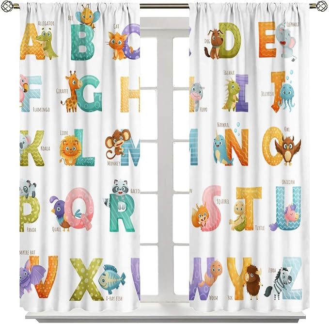 Kids Alphabet Curtains Educational Baby Cartoon Animals Colorful Cute Curtain with Rod Pocket for Nursery Living Room Home Decor Drapes Window Treatments 2 Panels Set 42x54 Inch
