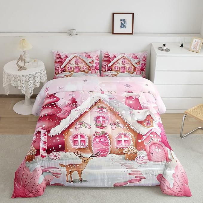 jejeloiu Kids Christmas Theme Comforter Set King Size Pink Xmas Candy Cane House Bedding Set for Boys Girls Teens Cute Cartoon Deer Winter Animal Happy New Year Duvet Quilt Room Decor