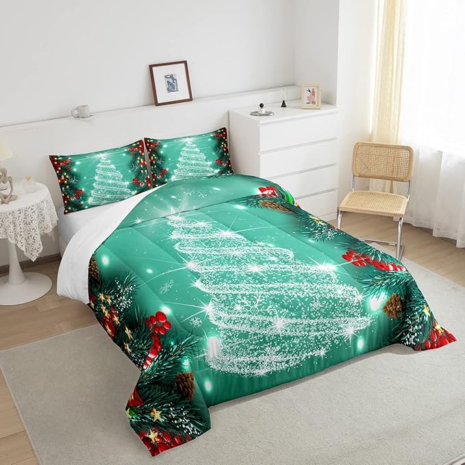 Feelyou Merry Christmas Comforter Set, Kids Santa Tree Glitter Bedding Comforter Twin Size for Boys Girls Xmas Christmas Bell Decor,1 Comforter + 1 Pillow Case Boys