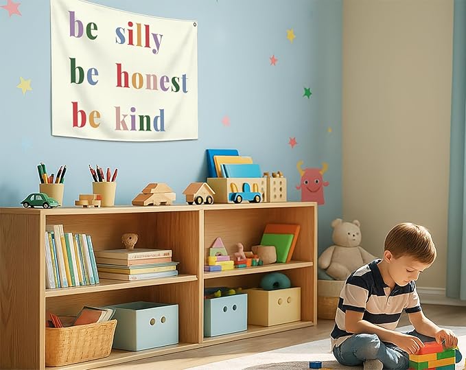 Boho Rectangular Banner Flag Sign Wall Art Decor Gift for Baby Boy Girl Kids,Nursery Classroom Homeschool Playroom Door-Be Silly Be Honest Be Kind Print-Baby Present Shower,Birthday Christmas Gift