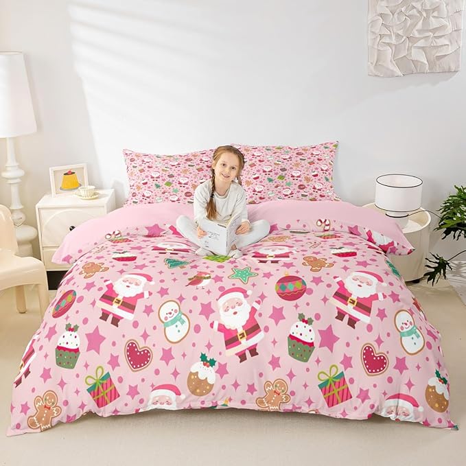 Feelyou Pink Christmas Duvet Cover Full Size Cartoon Santa Claus Gingerbread Man Bedding Set for Boys Girls Snowman Xmas Decor Comforter Cover Reversible Pink Bedroom Decor 3Pcs