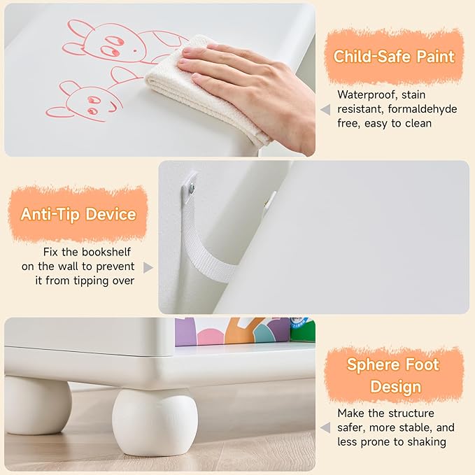 Kids Bookshelf, Large Wooden Bookcase with 6 Cube Storage, Girl Toy Storage Organizer Cabinet with Child Safe Paint&Thick Board, Boy Tall Book Shelves Nook for Office Playroom Living Room (White)