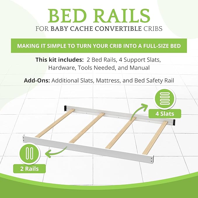 Full-Size Conversion Kit Bed Rails for Baby Cache Convertible Cribs - Solid Wood Rail - Toddler and Adult Bed Rail for Full-Size Beds - Essential Nursery & Baby Furniture (White)