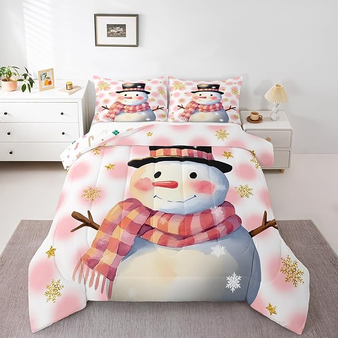 Feelyou Kids Merry Christmas Decorations Twin Size Comforter Set Xmas Snowman Bedding Set Pink Quilt Set Soft Warm Lightweight Duvet Set