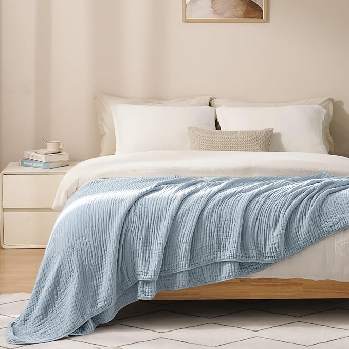 PHF Cooling Muslin Blanket King Size 104"x80", 6-Layer Lightweight Gauze Blanket Made from 35% Rayon Derived from Bamboo & 65% Cotton, Breathable & Ultra Soft Cozy, Aesthetic Home Decor, Dusty Blue