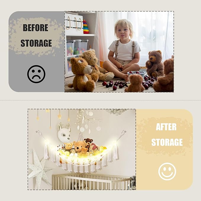 Stuffed Animal Hammock with LED Light, Large Stuffed Animals Storage Corner Plushie Net for Kids Room Decor, Jumbo White
