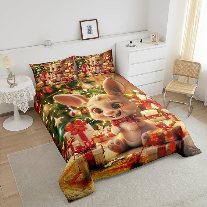 Cartoon Rabbit Comforter Set Twin Size,Merry Christmas Bedding Set for Kids Boys Girls Room Decor,Christmas Tree Star Snowflake Quilt Set 2Pcs,Cute Animal Xmas Fashion Duvet Insert,1 Pillowcase