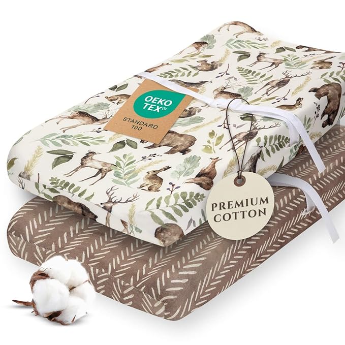 Pobibaby - 2 Pack Premium Changing Pad Cover - Ultra-Soft Cotton Blend, Stylish Woodland Pattern, Safe and Snug for Baby (Wildlife)