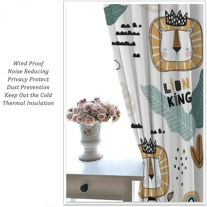 Cartoon Little Lion King Window Curtains for Baby Child,Cute Funny Forest Animals,Tropical Jungle Leaves Wildlife Boho Rainbow Print Blackout Drapes for Nursery Boys Girls Kids Bedroom 72x63in