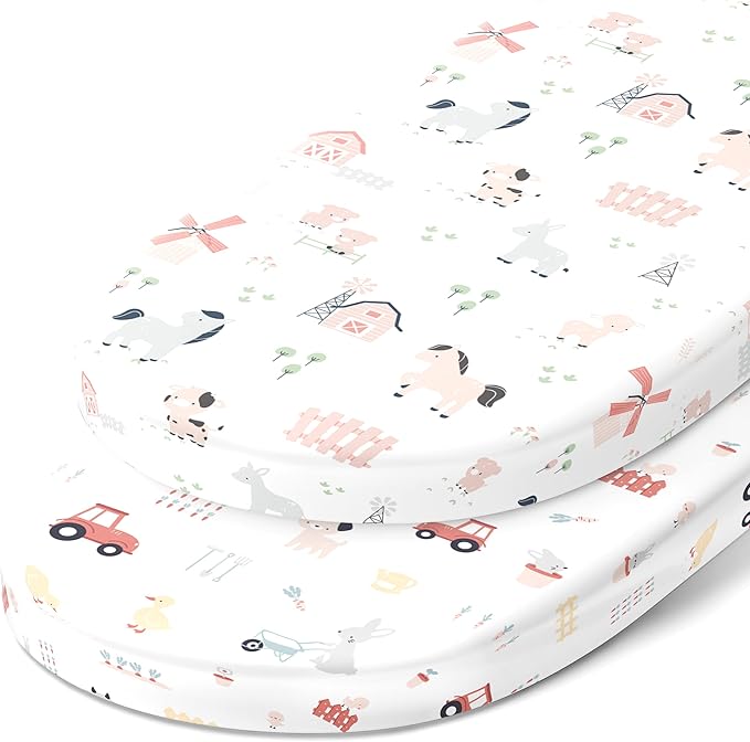 Bassinet Fitted Sheets for Delta Children and Simmons Kids Bassinet - Fits 16 x 32 Inch Oval Bassinet Mattress Pad – Snuggly Soft 100% Jersey Cotton – Farm Animals – 2 Pack