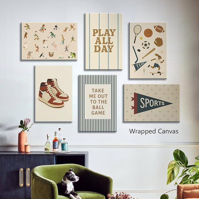 Sports Posters for Boys Bedroom, Boy Nursery Canvas Wall Art, Cute Animal Athletes & Sports Equipment Pictures, Charming Quotes Take Me Out To The Ball Game Play All Day Print 16x24in Wrapped Canvas