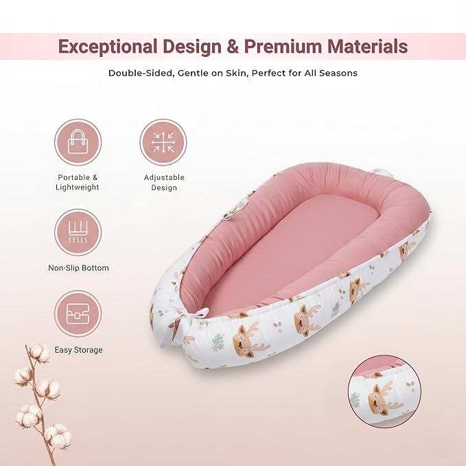 Baby Lounger – Infant Lounger for Newborn 0–24 Months, Baby Nest Lounger, Portable Newborn Lounger, Soft Breathable Cotton, Essentials for Babies at Home and Travel (Pink)