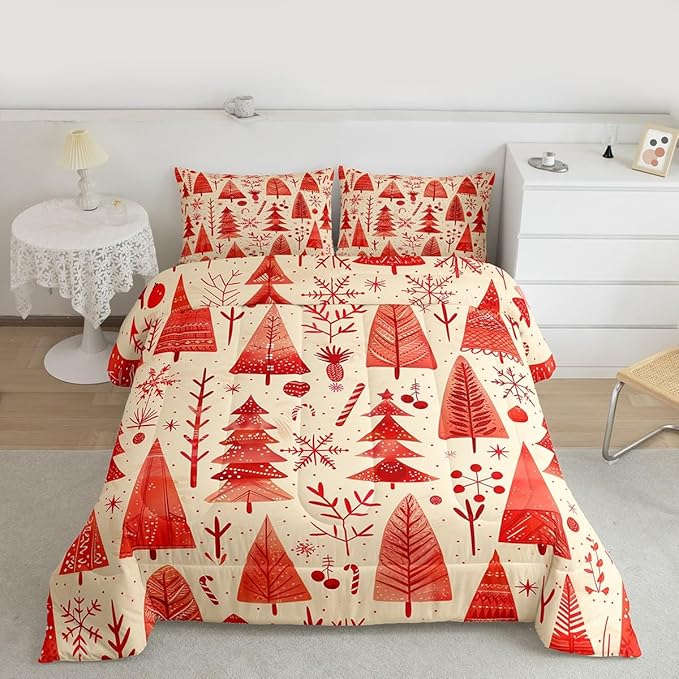 Feelyou Christmas Bedding Set Soft for Boys Girls, Xmas Tree Comforter Set Full Size Snowflake Candy Duvet Quilt Microfiber Pine Tree Bedroom Decor 3 Pcs with 2 Pillow Cases