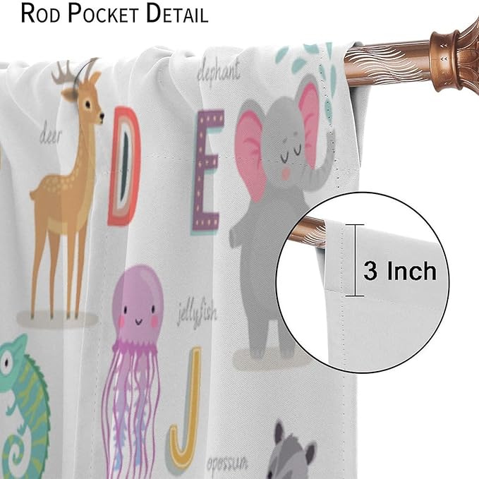 Kids Alphabet Curtains Cute Cartoon Animal Funny Educational Learning Curtain with Rod Pocket for Nursery Bedroom Playroom Home Decor Drapes Window Treatments 2 Panels Set 42" W X 54" L