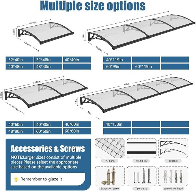 40''*48'' Window and Door Exterior, UV/Rain/Snow/Sunlight Protection Sheet,UPF 50+ Polycarbonate Overhang Canopy,House Overdoor Awnings for Door Entrance Outside/Patio/Porch/Deck