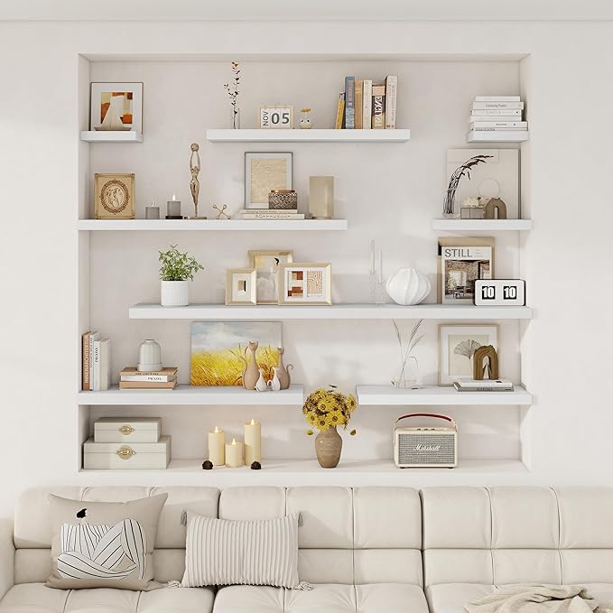 Fun Memories 12 Inch Deep Floating Shelves, 67 Inch Long Extra Large Floating Shelves Set of 2, Rustic Wood Wall Shelves for Living Room, Kitchen, Bedroom, Farmhouse, Laundry Room, Home Office - White