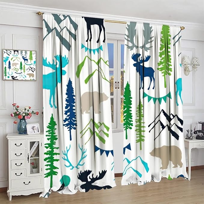 Forest Woodland Curtains, Wild Nature Bear Moose Deer Pine Trees Mountain Cabin Lodge Blackout Rod Pocket Windows Door Curtain for Bedroom Living Room Home Decor 63x63in