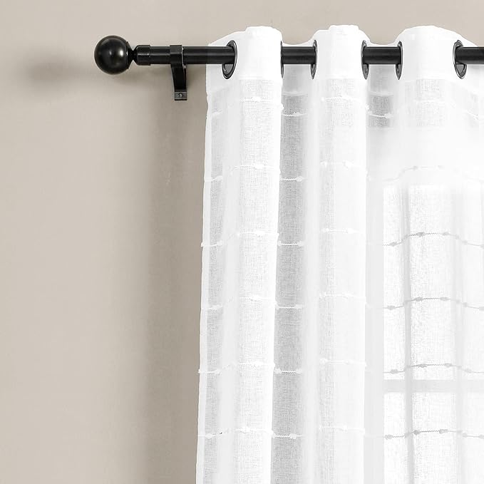 Lush Decor Farmhouse Textured Grommet Sheer Window Curtain Panel Pair, 38"W x 95"L, Bleach White