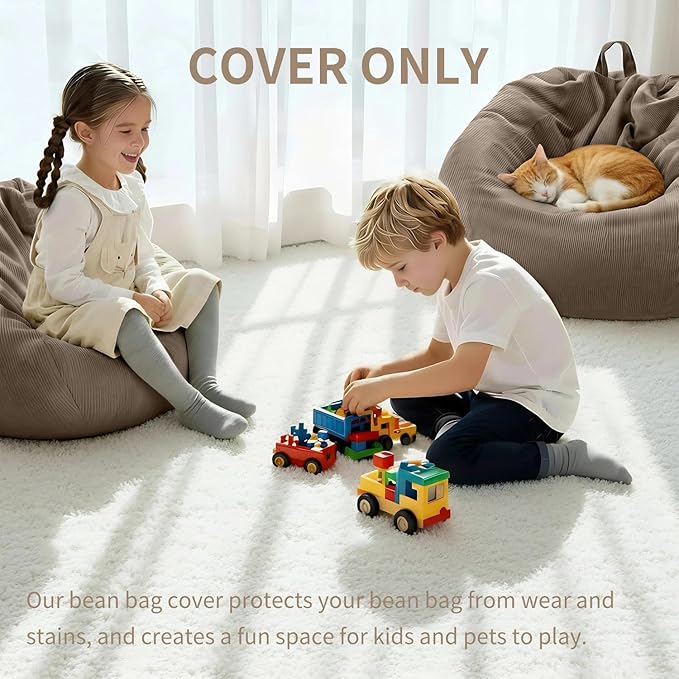 Nobildonna 3 ft Bean Bag Chair Cover (No Filler) 35"×43" Large Stuffed Animal Storage Bean Bag Washable Big Beanbag Chair Cover Premium Corduroy Bean Bag Cover for Adults,Kids,Light Brown 300L