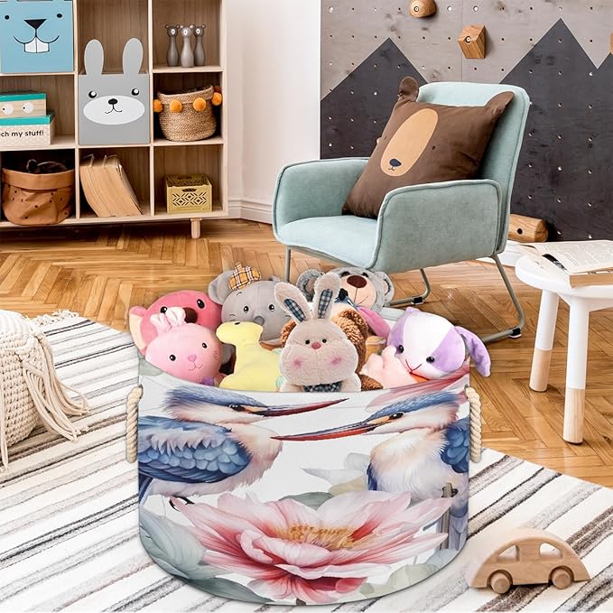 Watercolor Bird Flower Round Storage Basket for Laundry & Toys, Lightweight Fabric Laundry Hamper with Handles, Foldable Large Organizer Bin for Bedroom Bathroom Nursery Dorm