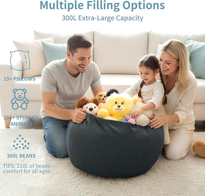 Nobildonna 3 ft Bean Bag Chair Cover (No Filler) 35"×43" Large Stuffed Animal Storage Bean Bag Washable Big Beanbag Chair Cover Premium Corduroy Bean Bag Cover for Adults,Kids,Dark Grey 300L