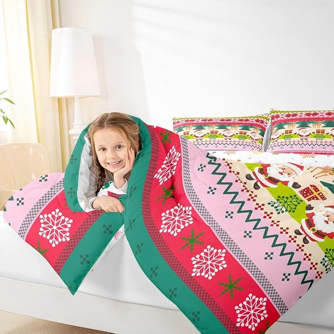 Feelyou Merry Christmas Comforter Set Full Size Santa Claus Bedding Set for Kids Boys Girls Cute Deer Duvet Quilt Snowflake Bedroom Decor Microfiber 3 Pcs with 2 Pillow Cases
