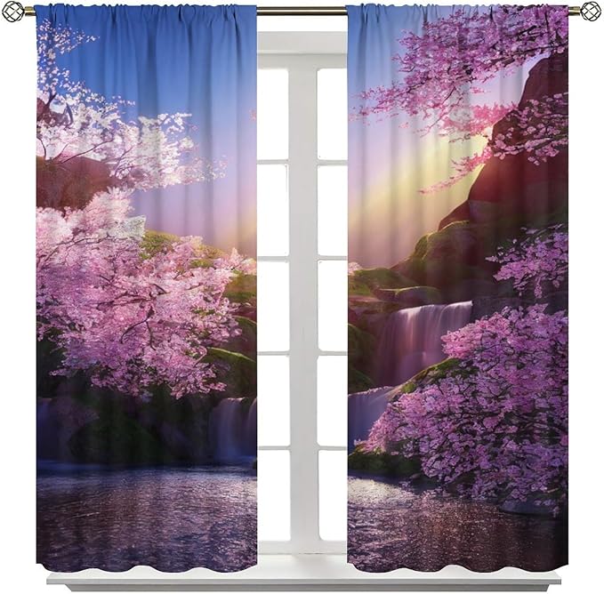 Landscape Waterfall Blackout Curtains, Watercolor Blossom Cherry Flower Forest Pattern Rod Pocket Window Drapes, for Bedroom Living Room 55" W X 63" L
