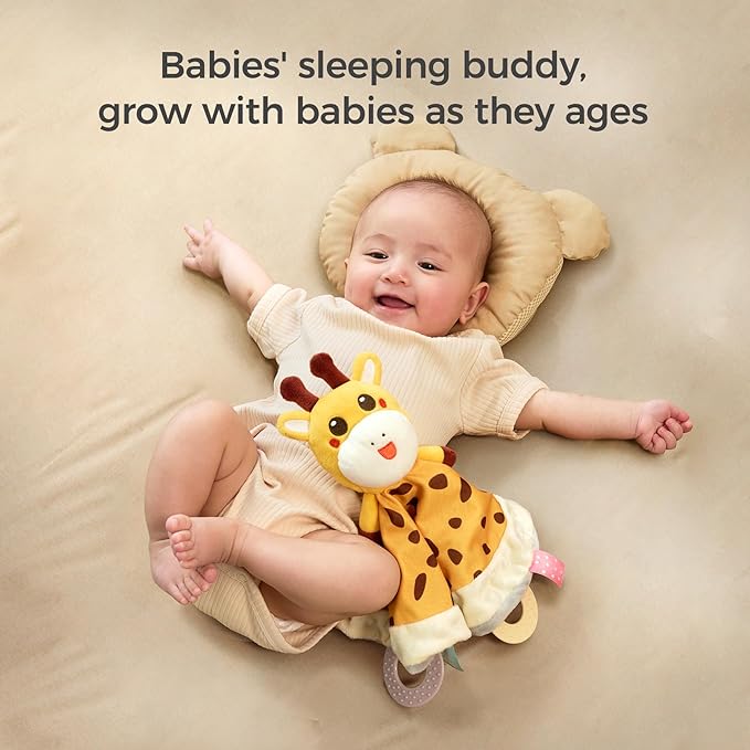 TUMAMA Baby Security Blanket Lovey,Soft Fleece Velvet Minky Dot Blanket with Stuffed Animal&Teething Rings,Newborn Essentials for Babies Girls Boy,Giraffe