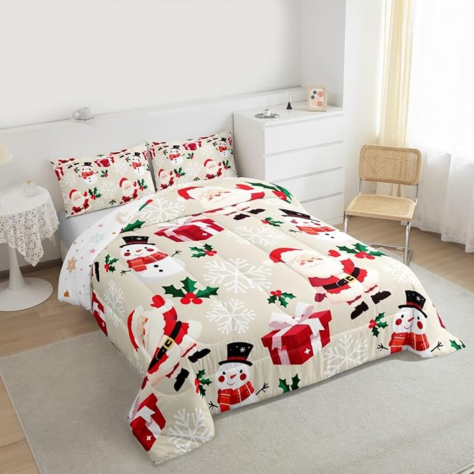 jejeloiu Merry Christmas Comforter Set Toddler Size Xmas Santa Claus Bedding Set for Kids Boys Girls Cute Snowman Duvet Quilt Beige Bedroom Decor