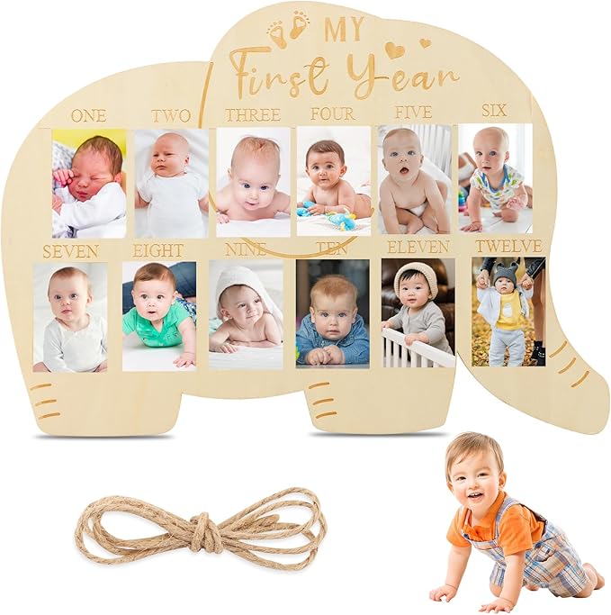 My First Year Picture Frame, Baby’s First Year Photo Display Wood Board 12 Months Milestone Board Birthday Baby Keepsake Nursery Decor Gift for Boy Girl(SIZE:Elephant)