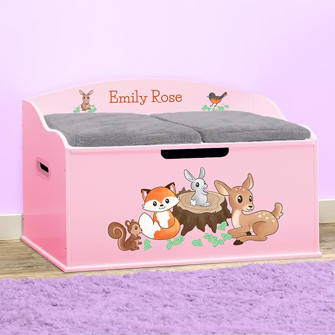 DIBSIES Personalized Creative Wonders Toy Box, Woodland Creatures, 30 x 19.25 x 18 inches, Soft-Close Lid (Pink)