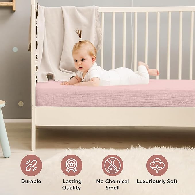 Organic Cotton Muslin Crib Sheets (Set of 2) – Soft & Breathable Fitted Sheets for Boys and Girls, Neutral Colors – Fits Standard Baby Crib Mattress (28 x 52 Inches) (Peach/Ivory)