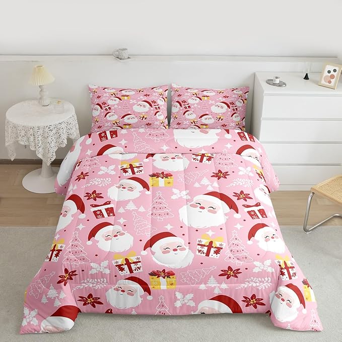 jejeloiu Santa Claus Comforter Set Full Size Merry Christmas Bedding Set for Kids Boys Girls Xmas Themed Duvet Quilt Pink Bedroom Decor