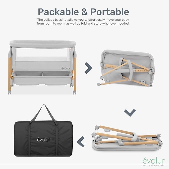 évolur Lullaby Portable Bassinet with Wheels, Adjustable Bedside Sleeper, Breathable Mesh Sides, Large Storage Basket, Easy Fold, and Travel Bag Included, Perfect for Newborns & Infants - Light Gray