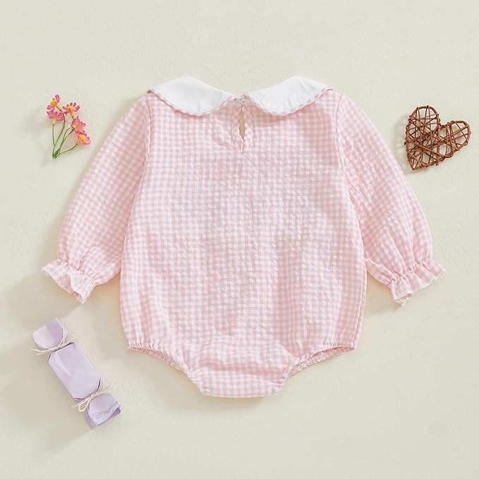Amiblvowa Baby Girl Valentines Day Outfit Embroidery Love Heart Smocked Bubble Romper Bodysuit Cute Infant Newborn Clothes