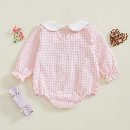 Amiblvowa Baby Girl Valentines Day Outfit Embroidery Love Heart Smocked Bubble Romper Bodysuit Cute Infant Newborn Clothes