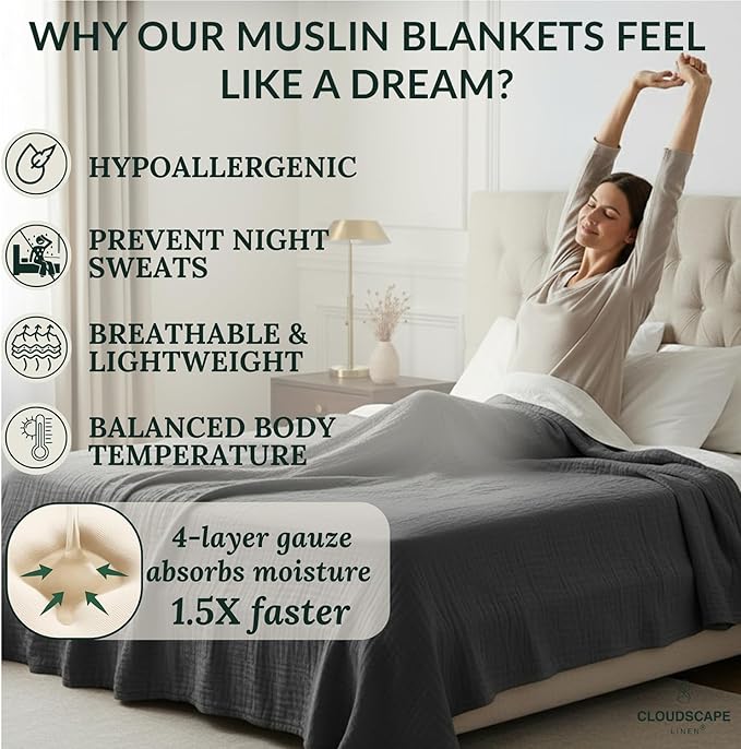 Cloud Scape Linen 4 Layer Oversized Muslin Blanket King Size - 100% Cotton, Lightweight & Breathable All Season Blanket for Bed, fits California King, 92x108, Dark Grey